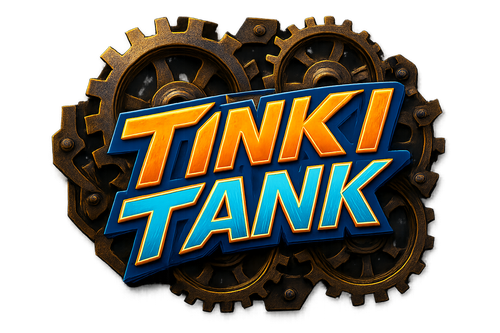 Gears in the backdrop and the word "Tinki Tank" written out in a font and colorway that makes people excited 